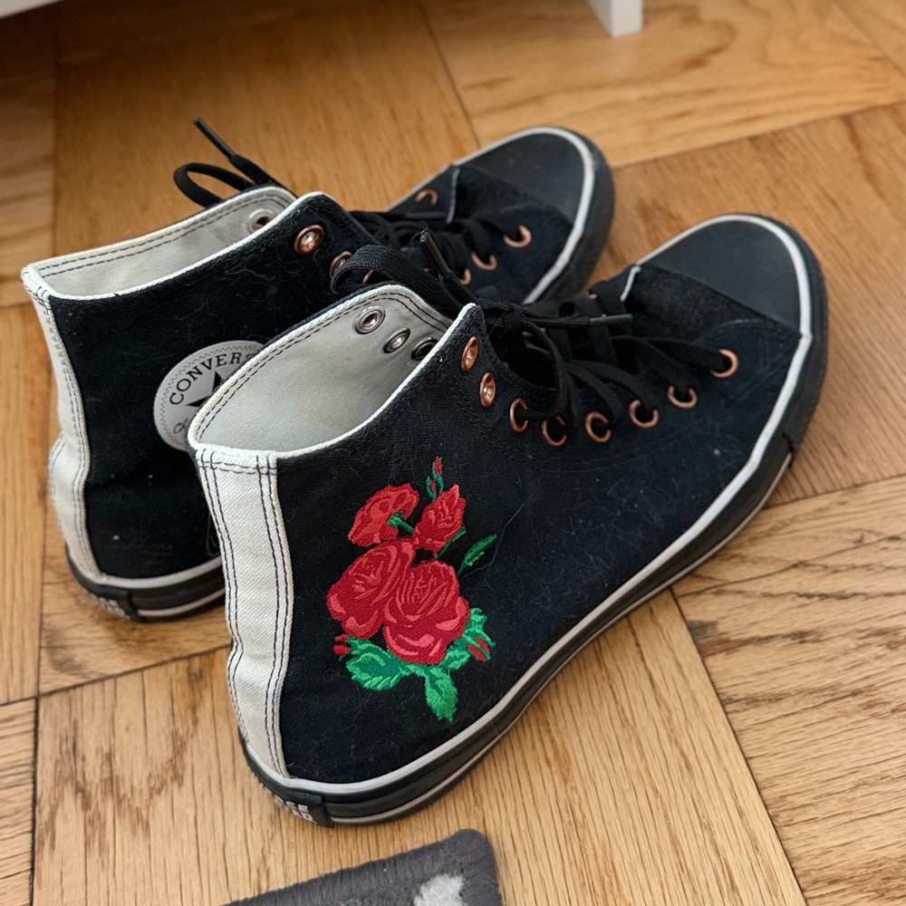 Converse Black and White High-Tops with Red Rose Design